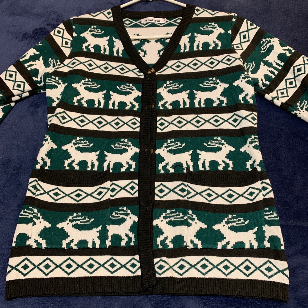 Abollria Christmas Sweater Women's Reindeer Knitted Sweater button-dwn w/pockets